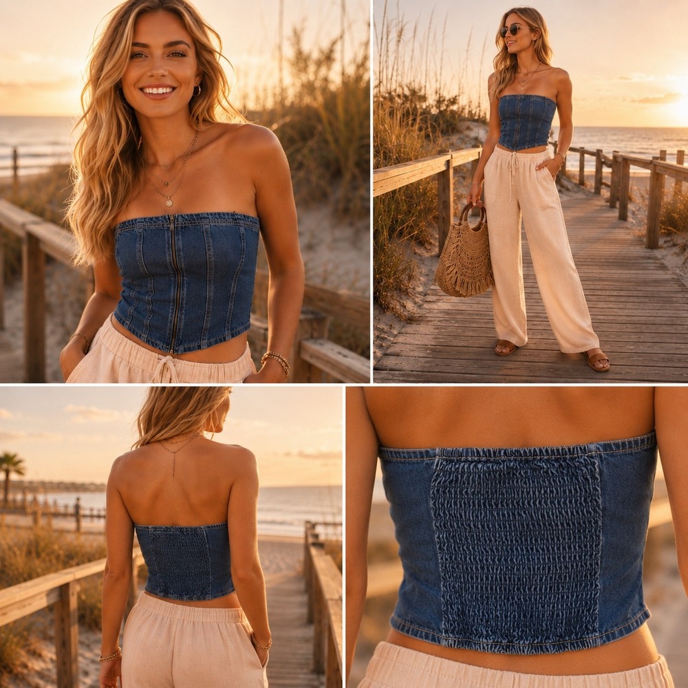 Lone Star Womens Denim Tube Top Medium Wash Zip Front Smocked Back Corset Large